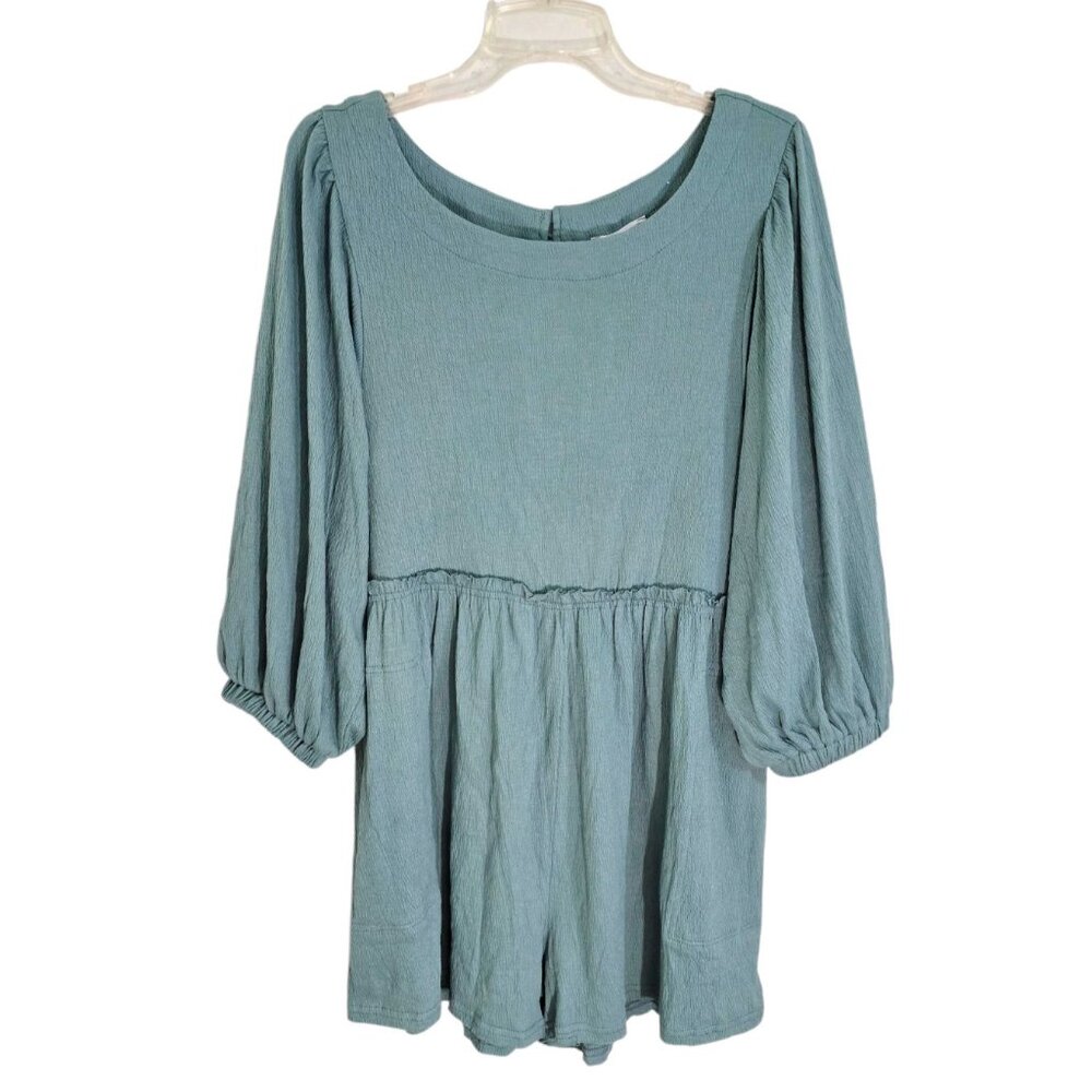 Aemi Co Womens Blue Long Sleeve Romper Ruffled Waist Keyhole Back Size S NWT